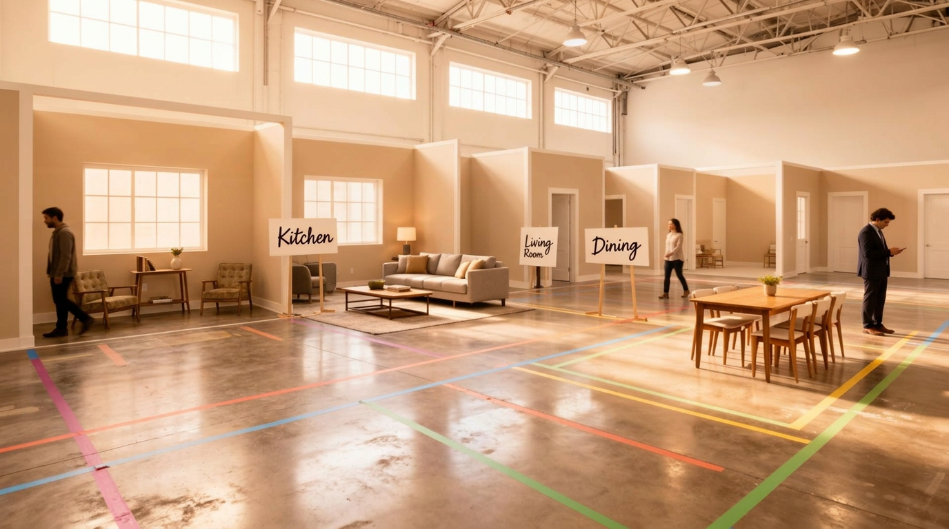 Full-scale renovation layout with furniture props, room labels, and colored floor markings in a bright warehouse studio
